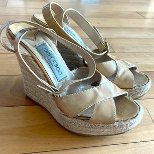 Size 37 Jimmy Choo tan patent wedges